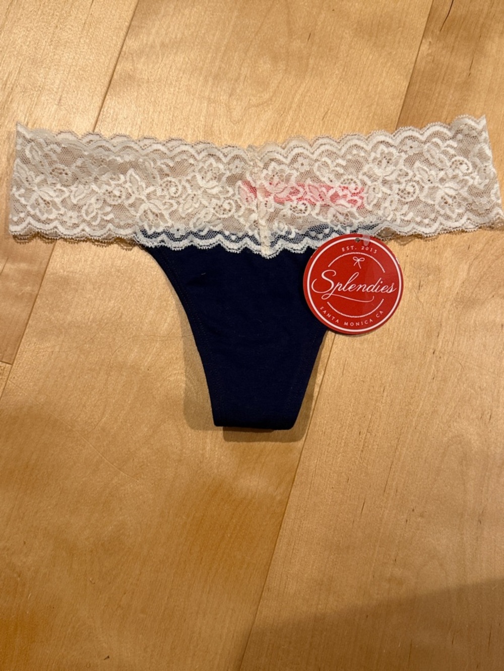 Splendies Women's Navy Thong with White Lace Waistband